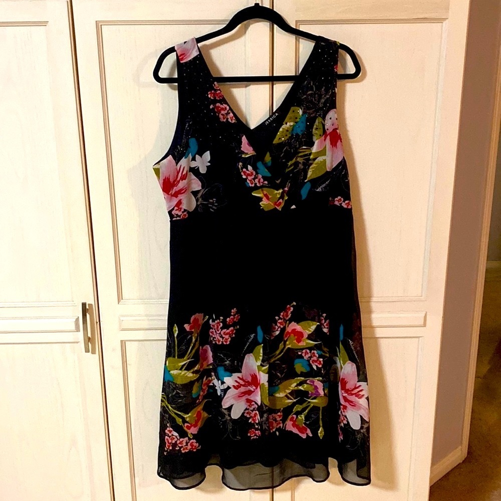Jessica Black Floral Midi Dress with Pink & Green Accents